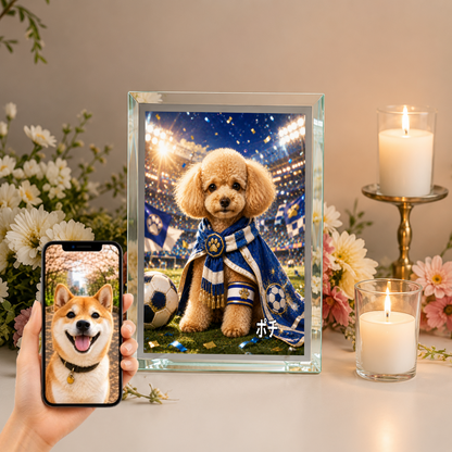 愛犬 写真入り 名入れ ガラスフォトパネル サッカーキャプテン犬