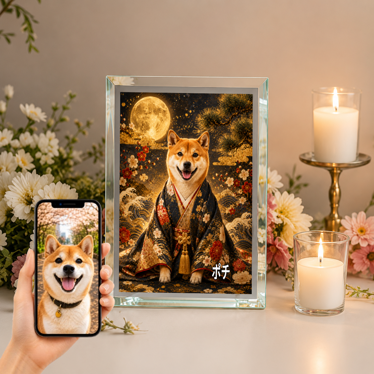 愛犬 写真入り 名入れ ガラスフォトパネル 侍風 黒紺金彩 うちの子アート