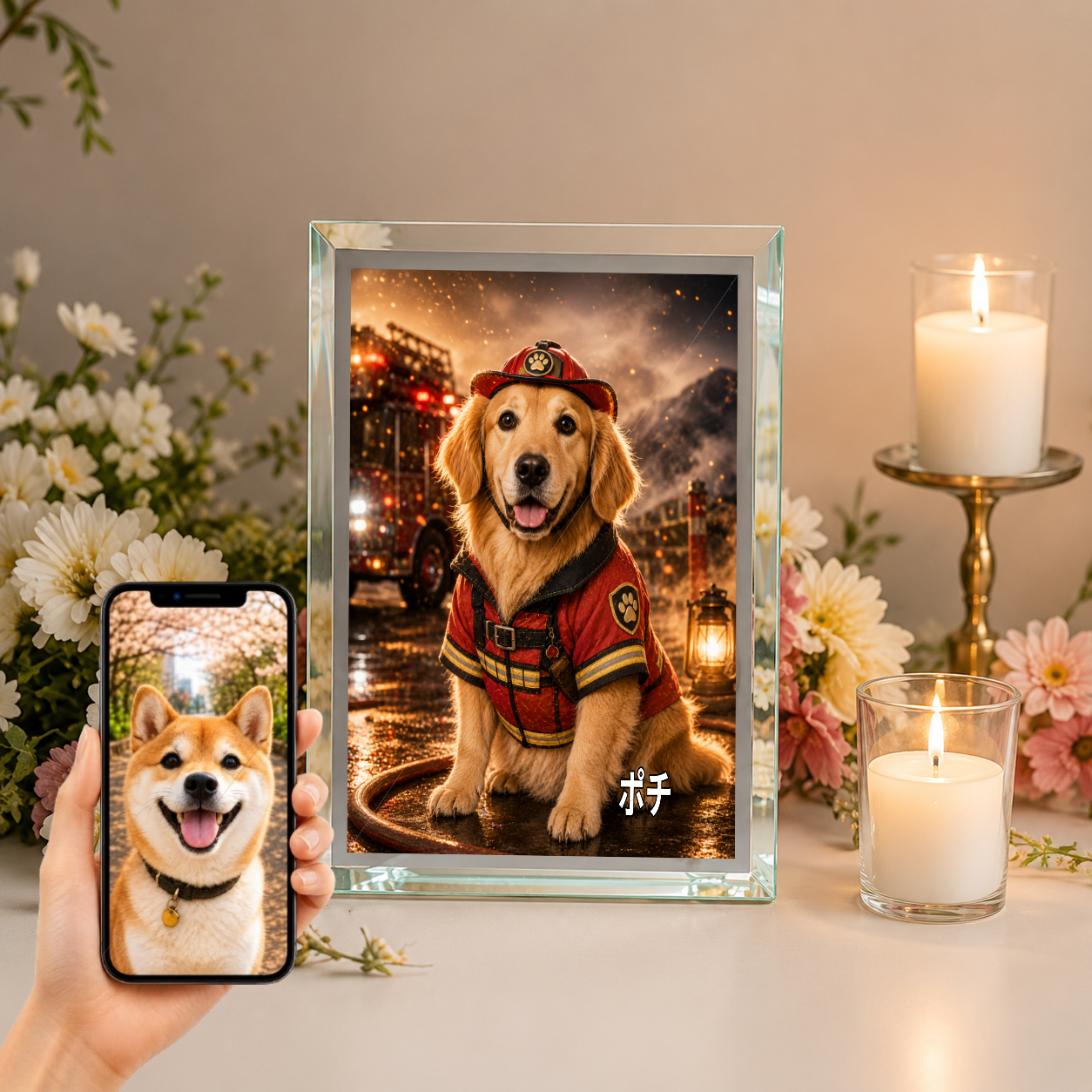 愛犬 写真入り 名入れ ガラスフォトパネル レスキューヒーロー犬