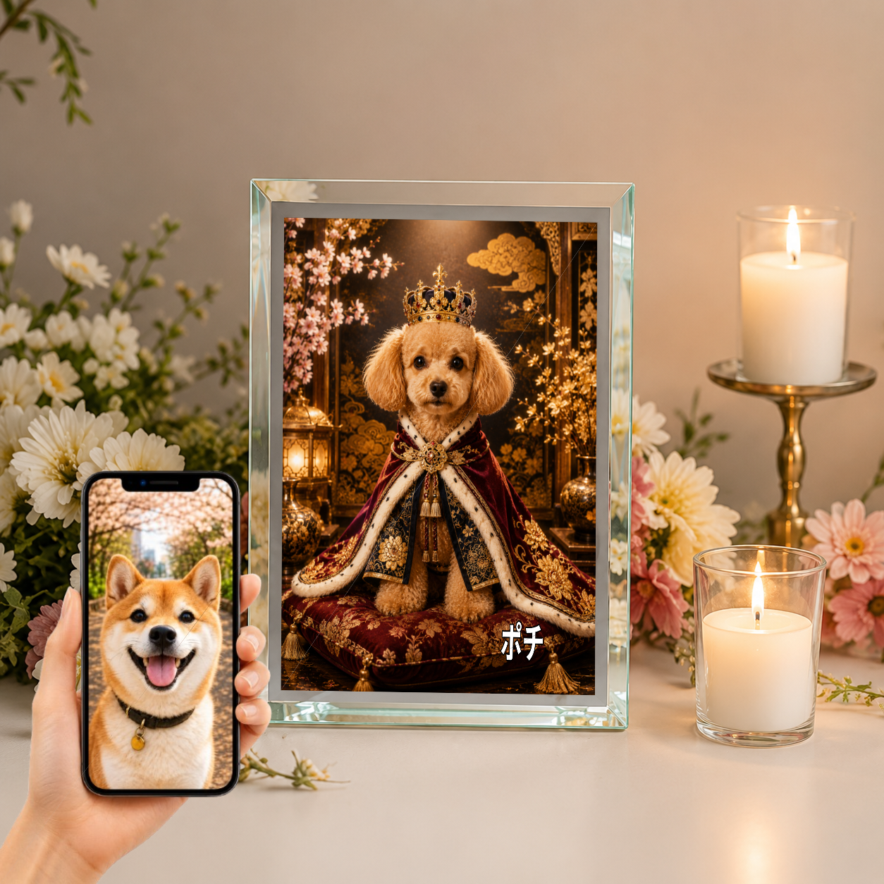愛犬 写真入り 名入れ ガラスフォトパネル 王様犬 ロイヤルポートレート