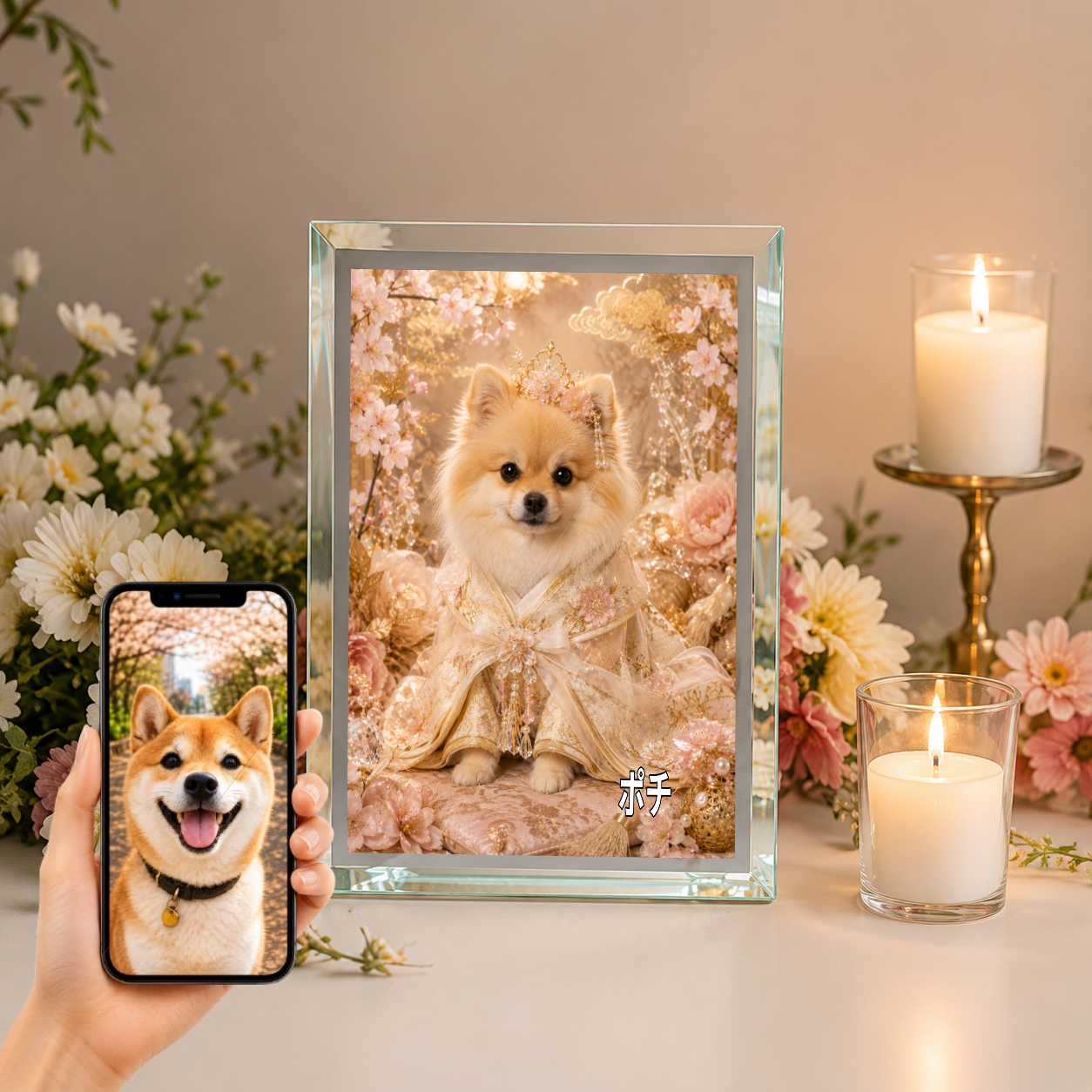 愛犬 写真入り 名入れ ガラスフォトパネル 姫さま犬 和風プリンセス