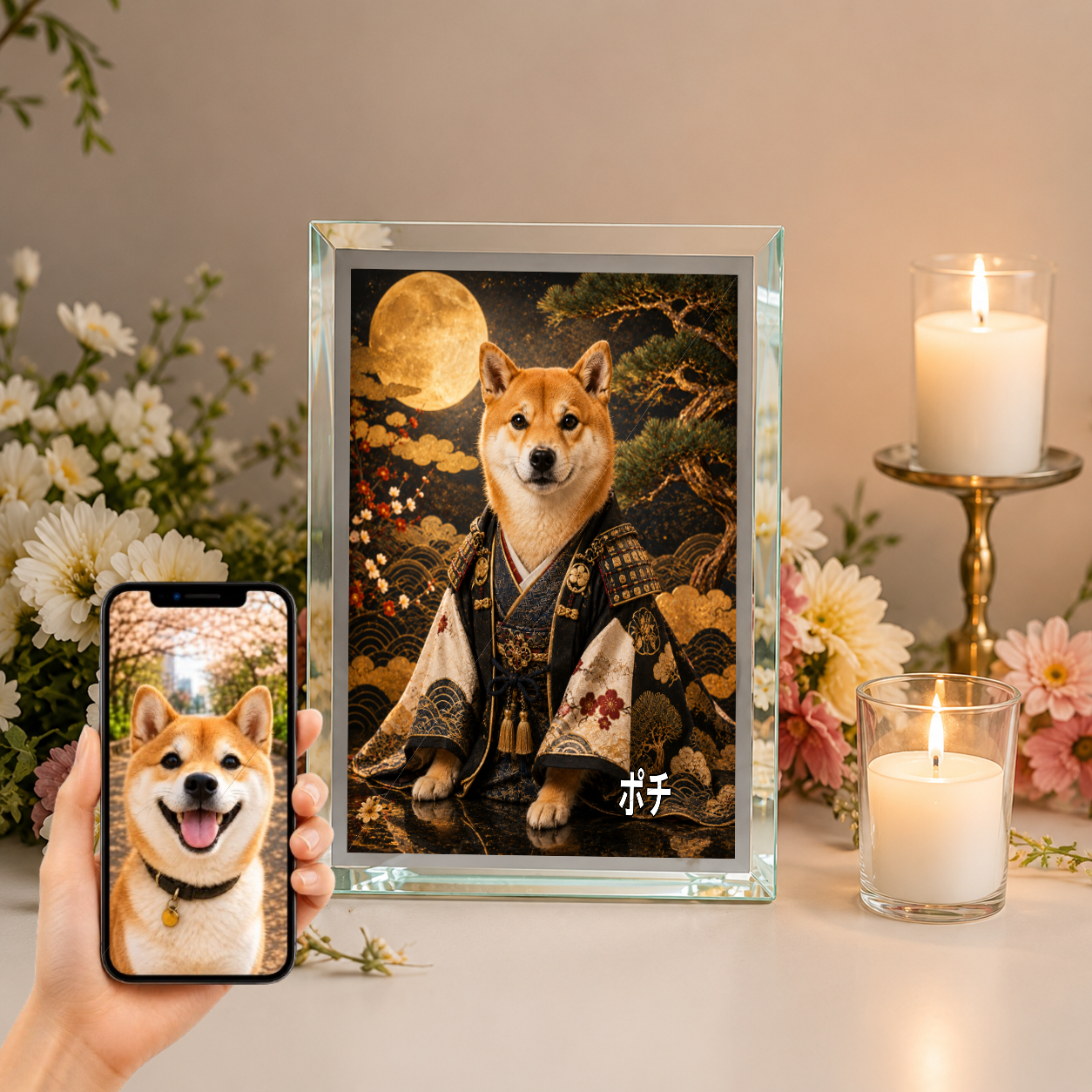 愛犬 写真入り 名入れ ガラスフォトパネル 侍犬 サムライ風アート
