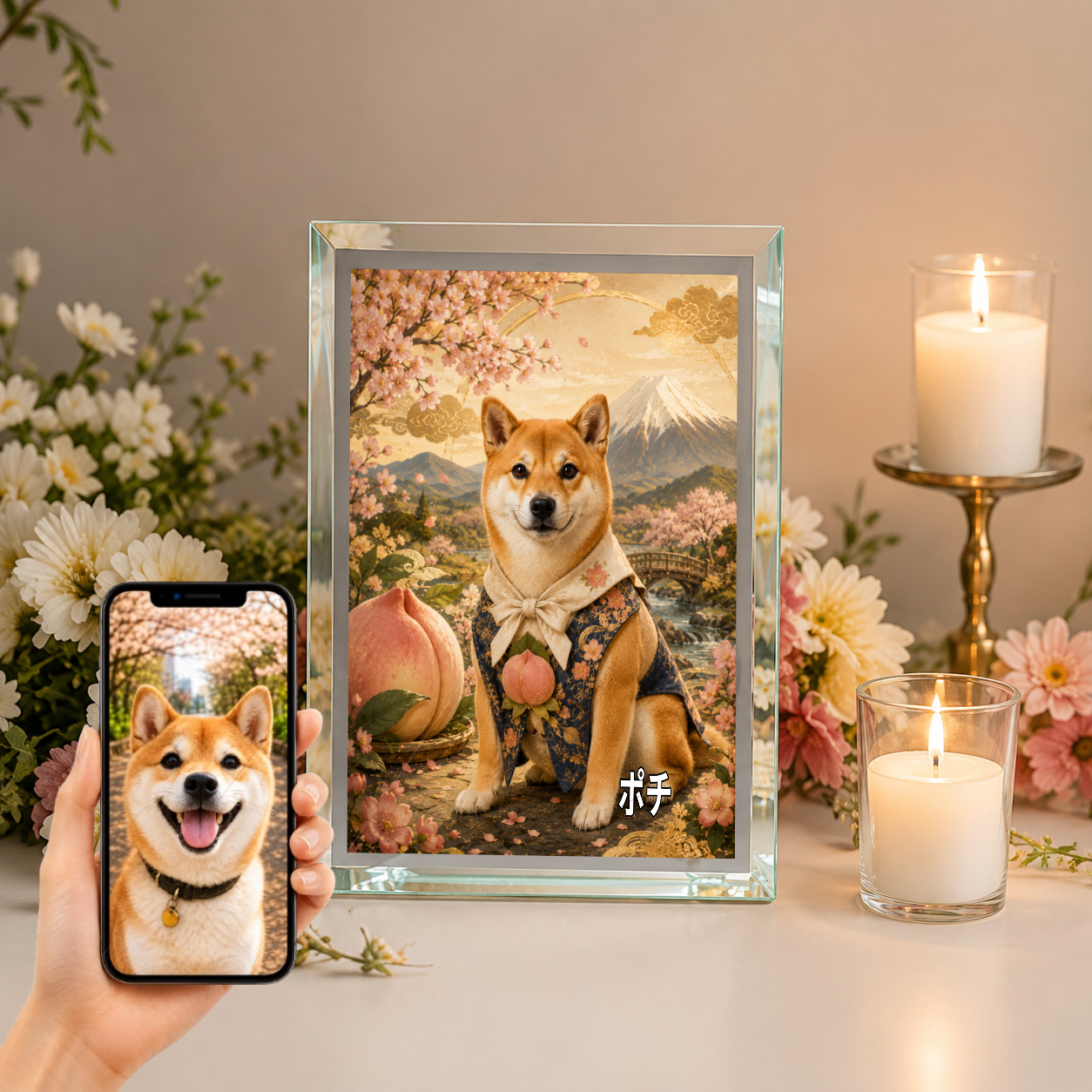 愛犬 写真入り 名入れ ガラスフォトパネル 桃太郎の相棒犬