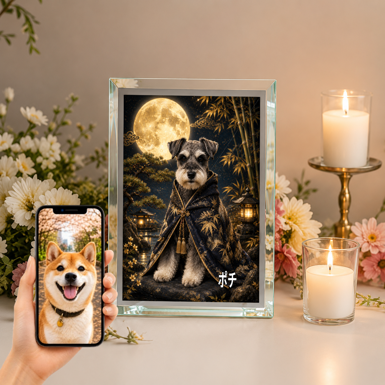 愛犬 写真入り 名入れ ガラスフォトパネル 月夜の守り犬 幻想和風