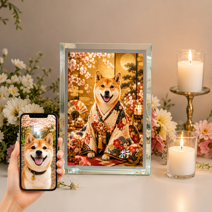 愛犬 写真入り 名入れ ガラスフォトパネル 桜と毬 華やか和装アート