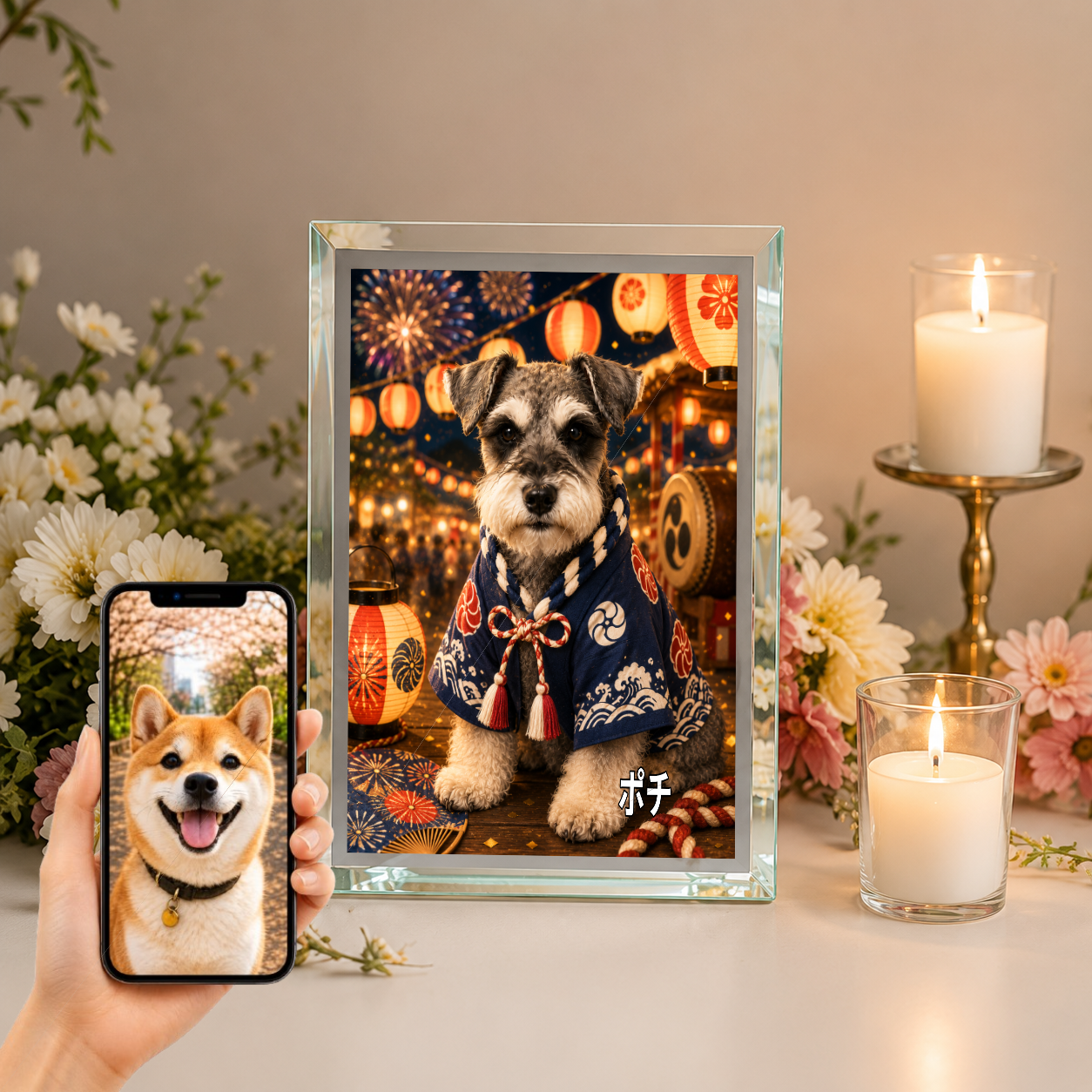 愛犬 写真入り 名入れ ガラスフォトパネル 夏祭り犬 浴衣風アート