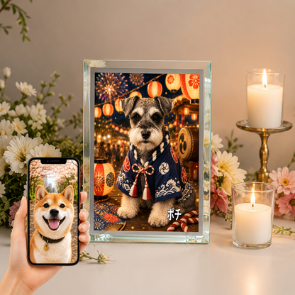 愛犬 写真入り 名入れ ガラスフォトパネル 夏祭り犬 浴衣風アート