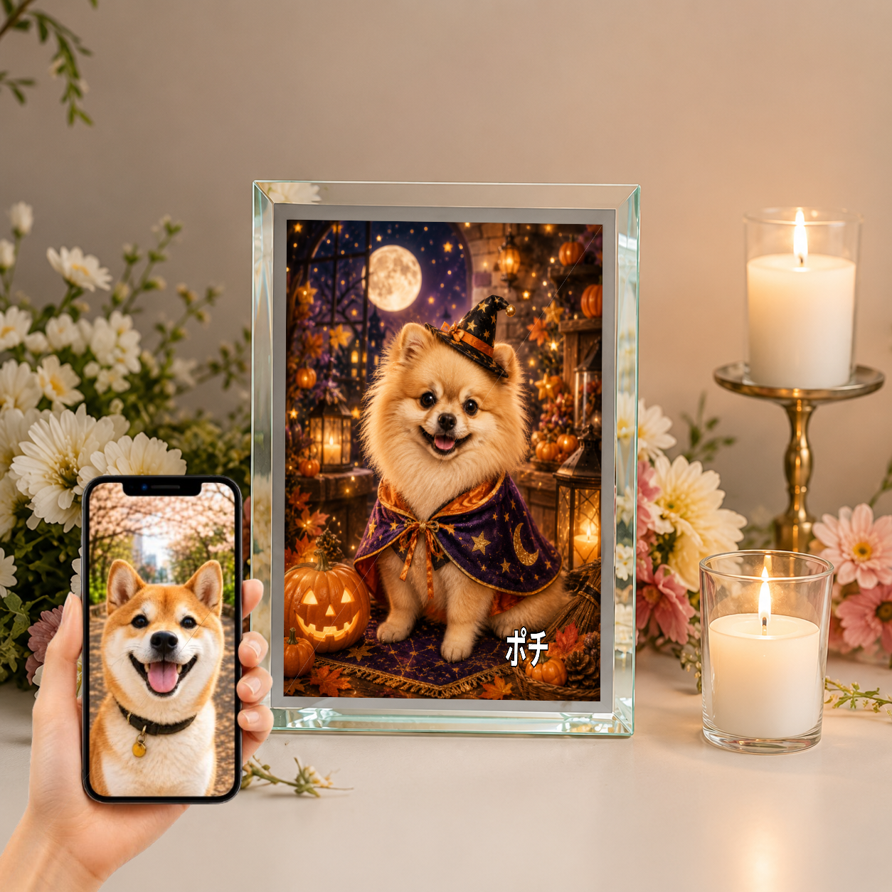 愛犬 写真入り 名入れ ガラスフォトパネル ハロウィン魔法犬