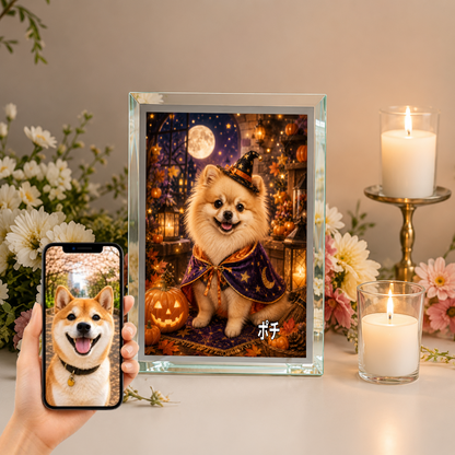 愛犬 写真入り 名入れ ガラスフォトパネル ハロウィン魔法犬