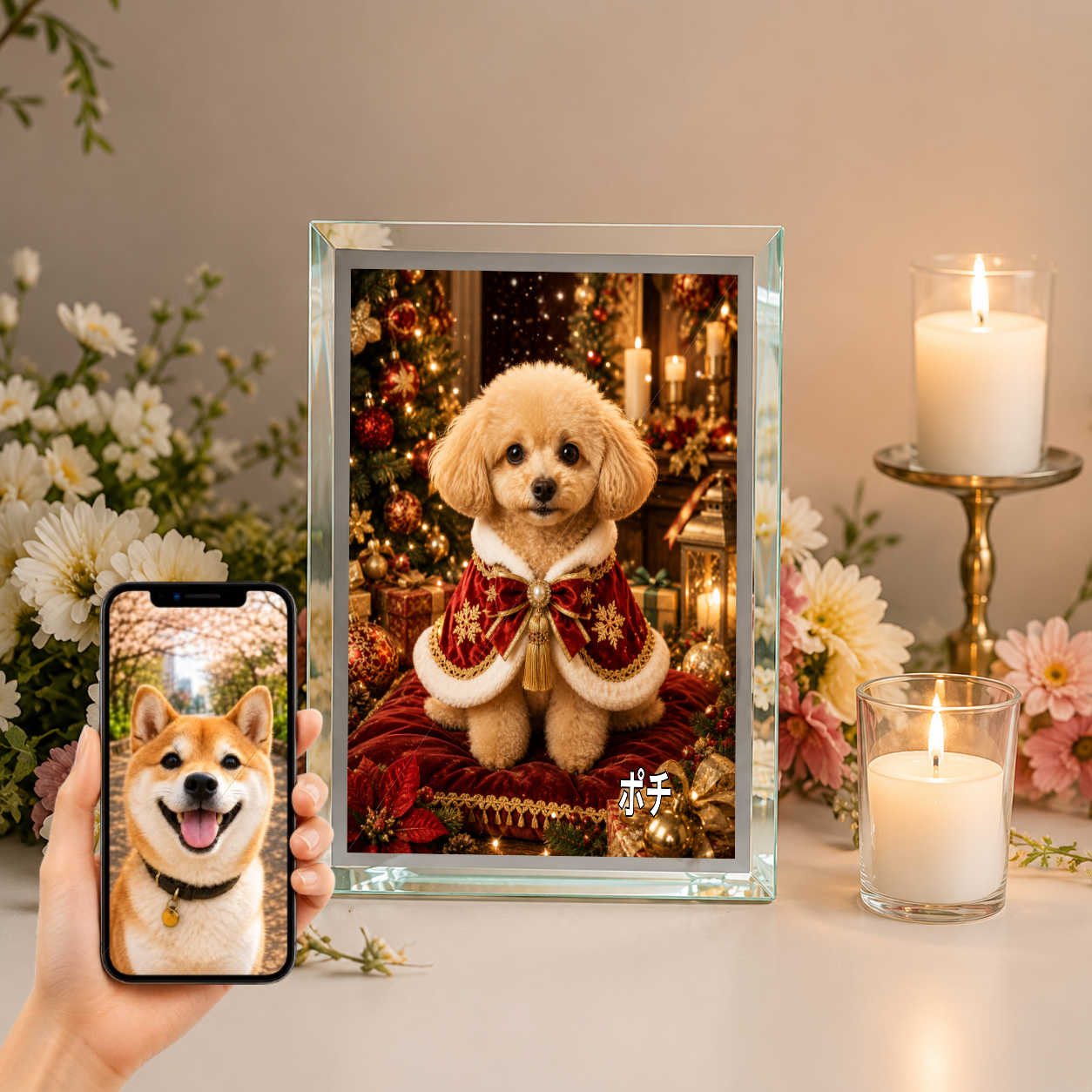 愛犬 写真入り 名入れ ガラスフォトパネル クリスマス王子犬