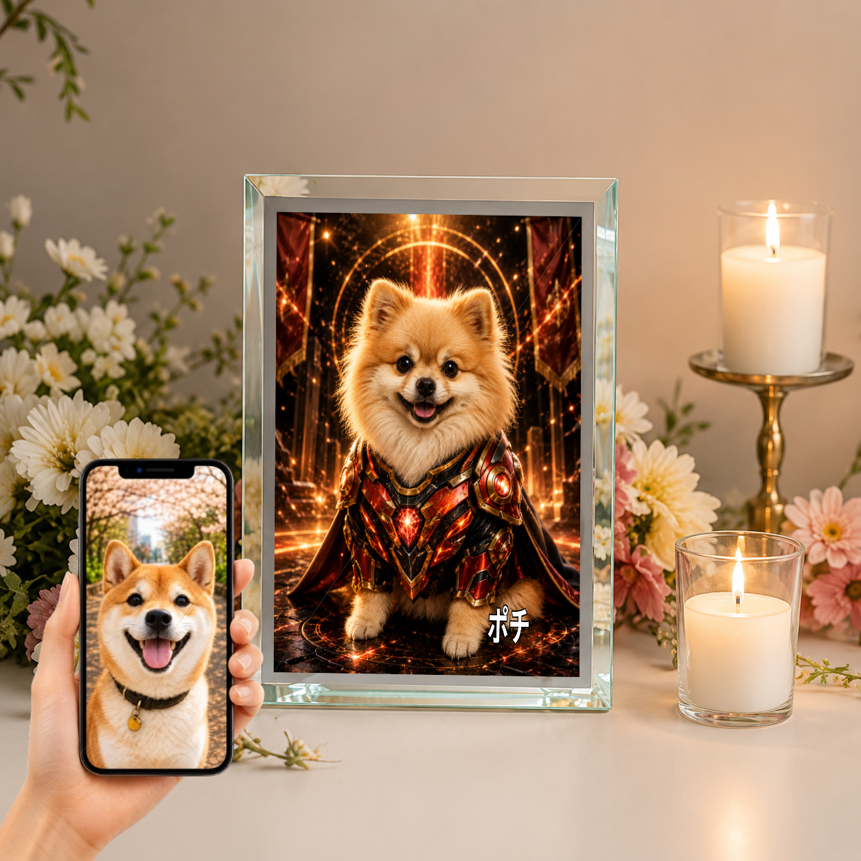 愛犬 写真入り 名入れ ガラスフォトパネル パワードスーツヒーロー犬
