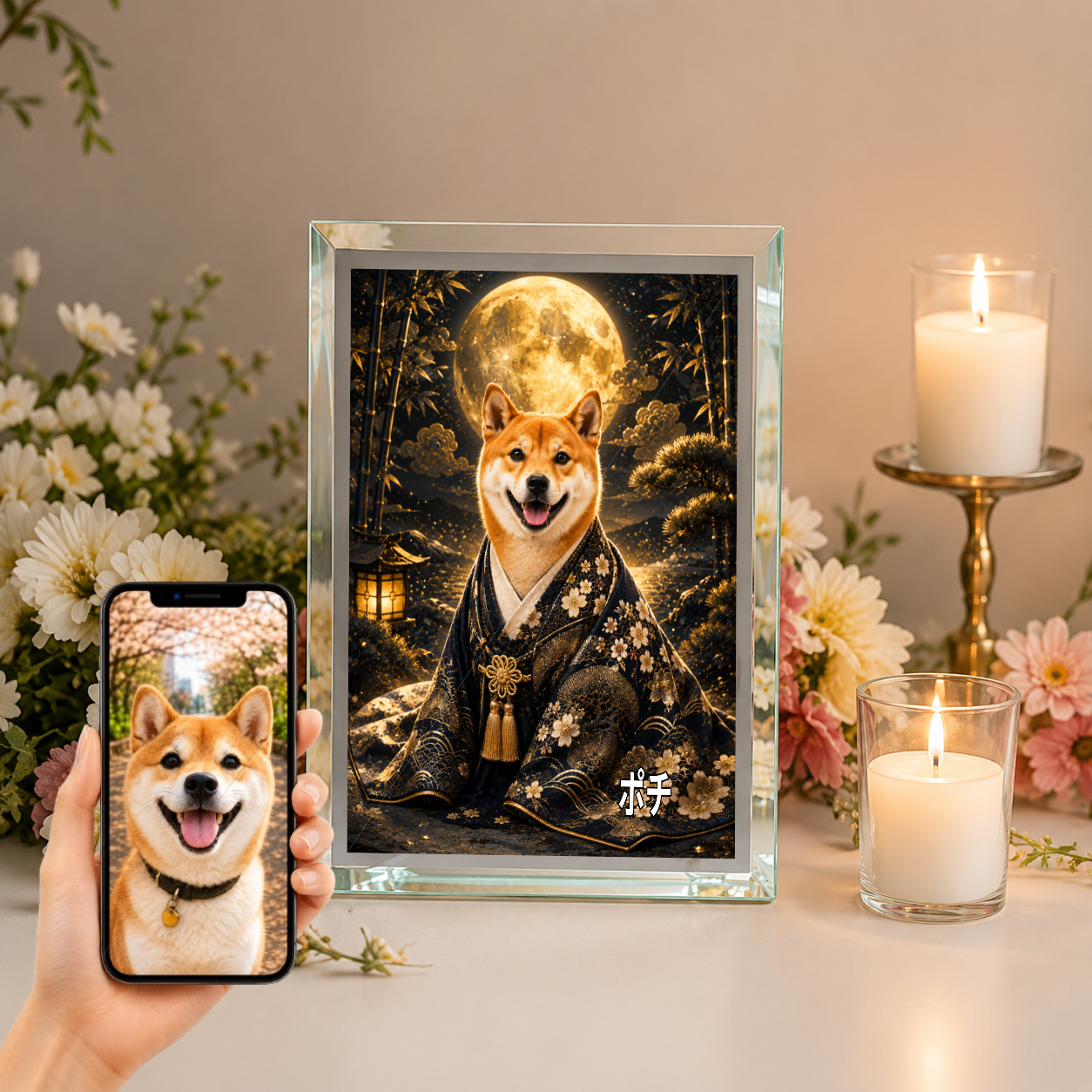 愛犬 写真入り 名入れ ガラスフォトパネル 月夜の守り犬 和風アート
