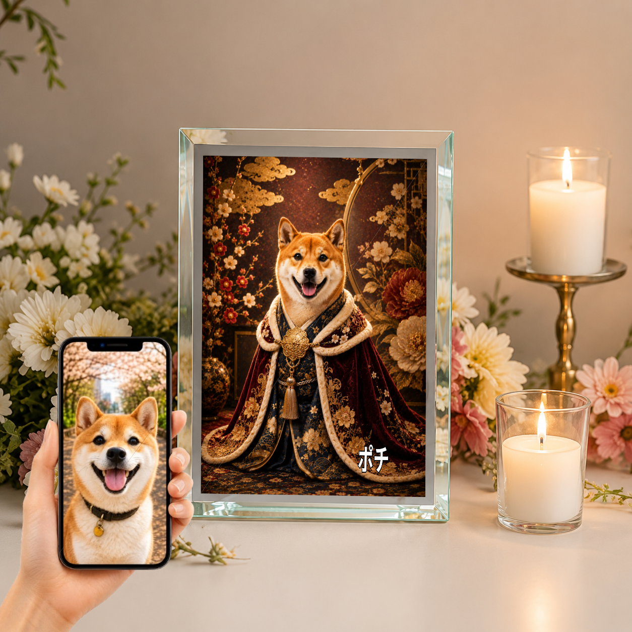 愛犬 写真入り 名入れ ガラスフォトパネル 王族ポートレート 和洋ミックス