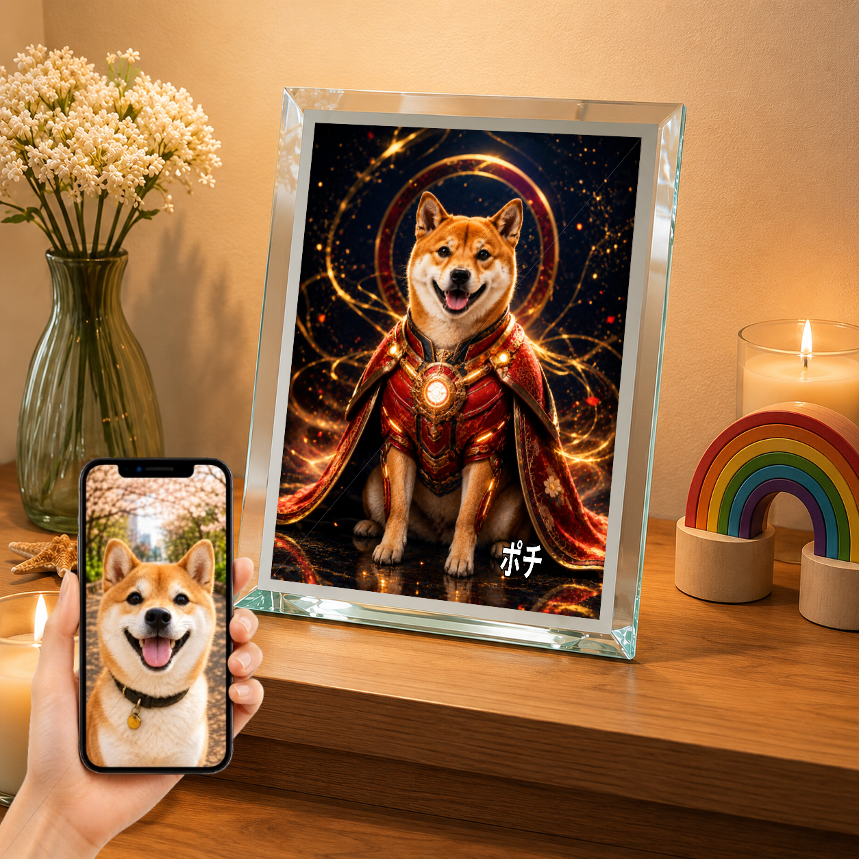 愛犬 写真入り 名入れ ガラスフォトパネル パワードスーツ ヒーロー犬