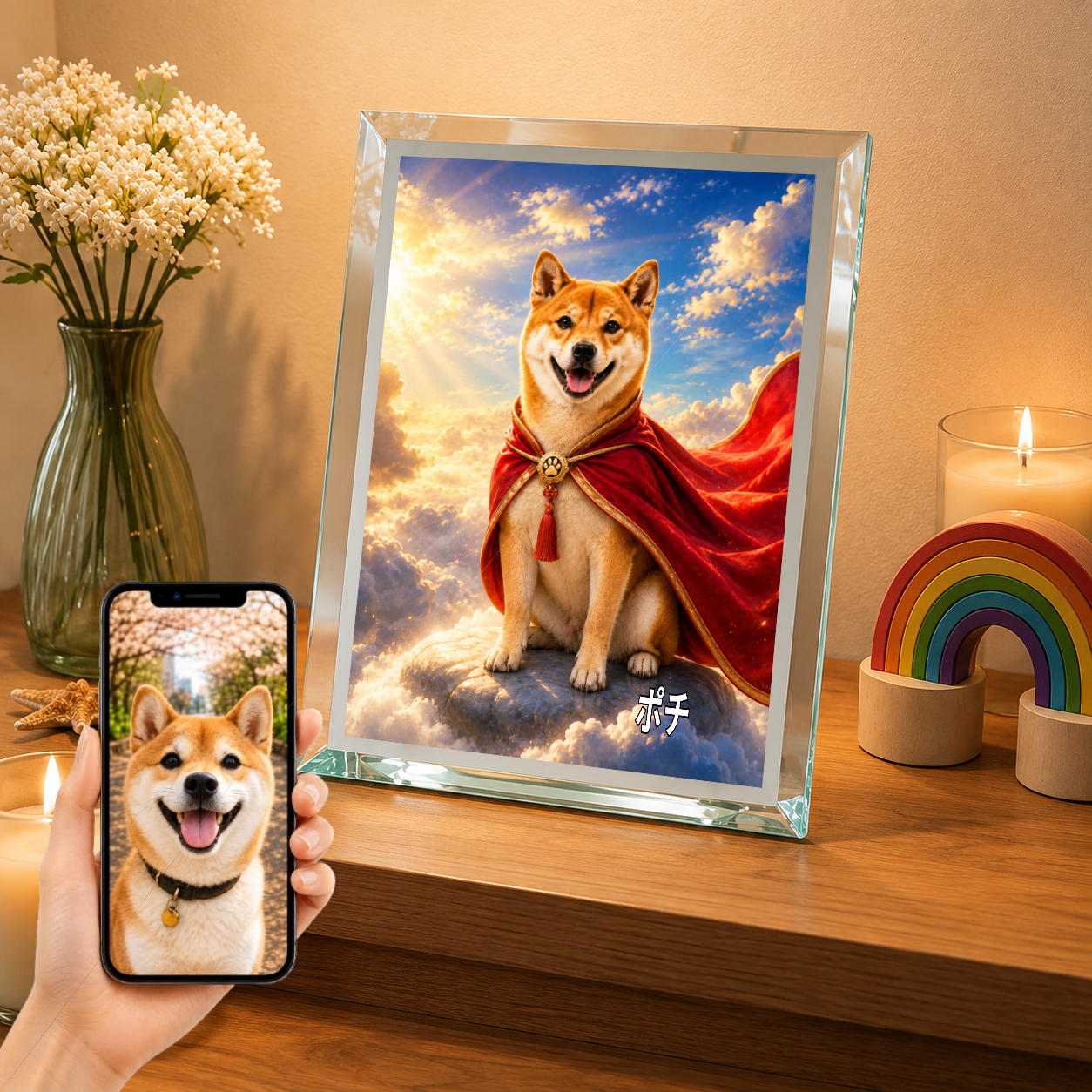 愛犬 写真入り 名入れ ガラスフォトパネル 赤マント ヒーロー犬 うちの子
