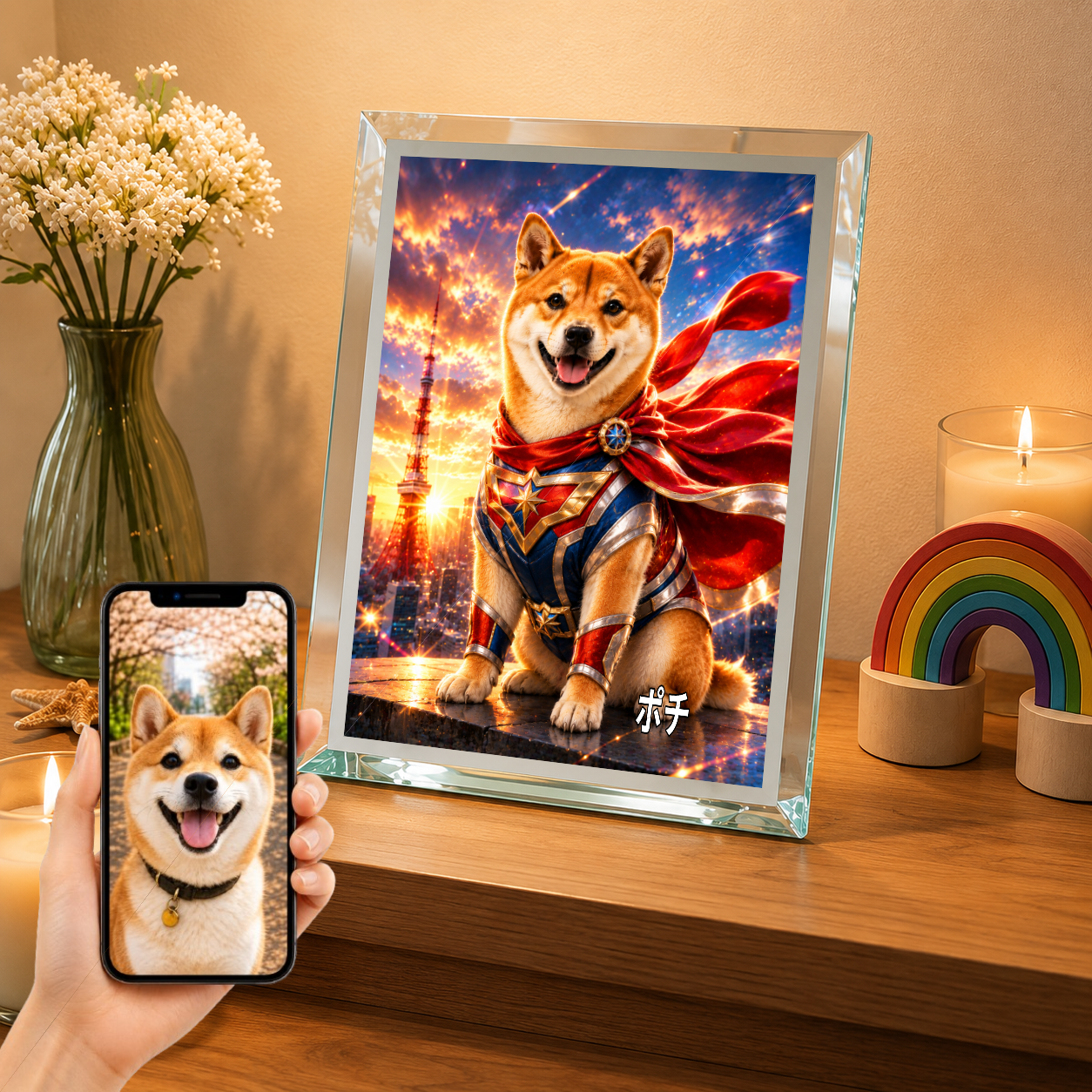 愛犬 写真入り 名入れ ガラスフォトパネル 特撮ヒーロー風 うちの子