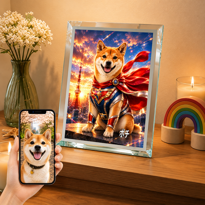 愛犬 写真入り 名入れ ガラスフォトパネル 特撮ヒーロー風 うちの子