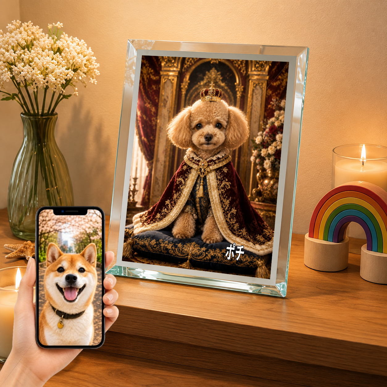 愛犬 写真入り 名入れ ガラスフォトパネル 王様マント犬 ロイヤルアート