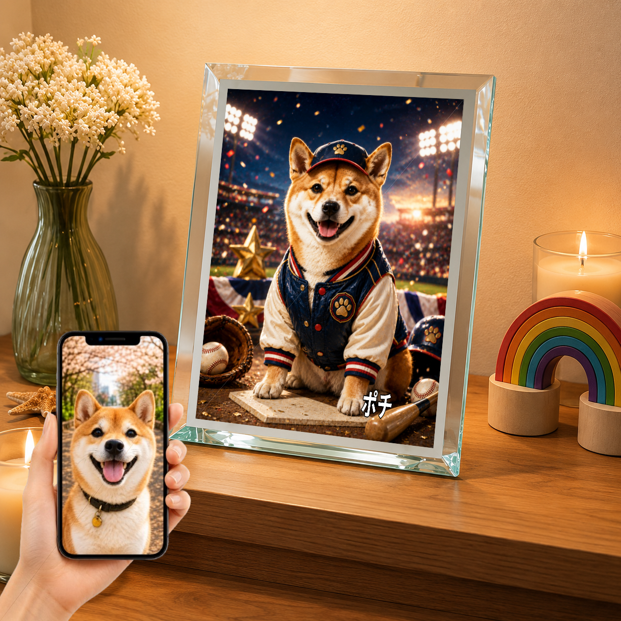 愛犬 写真入り 名入れ ガラスフォトパネル 野球スター犬 スポーツアート