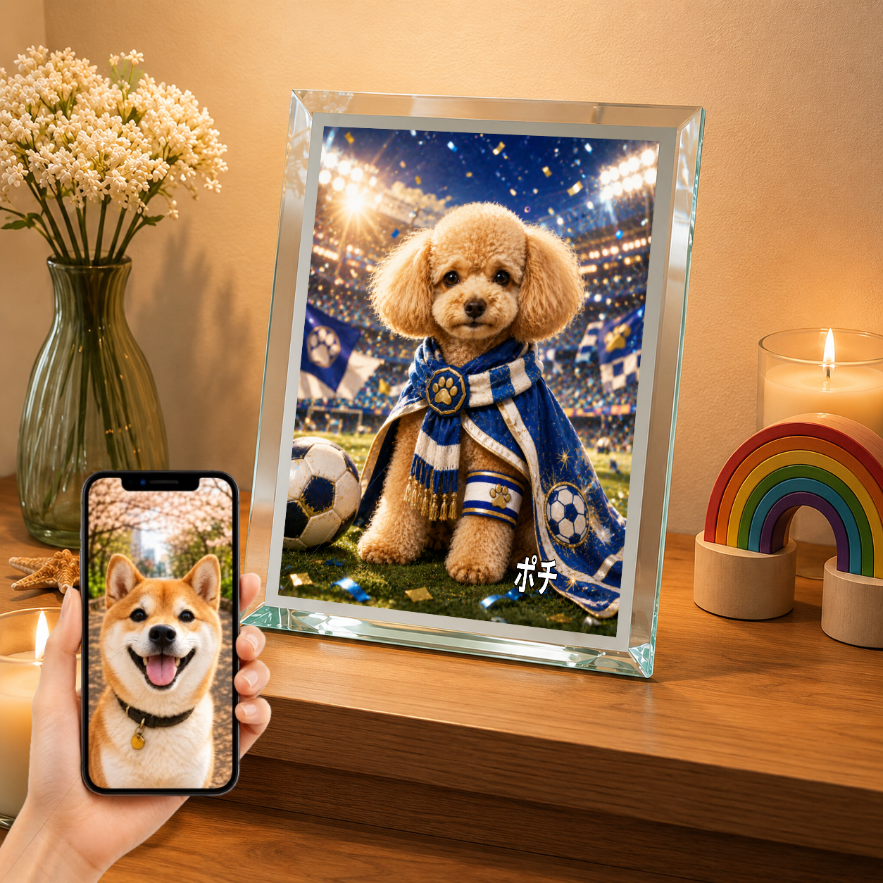 愛犬 写真入り 名入れ ガラスフォトパネル サッカーキャプテン犬