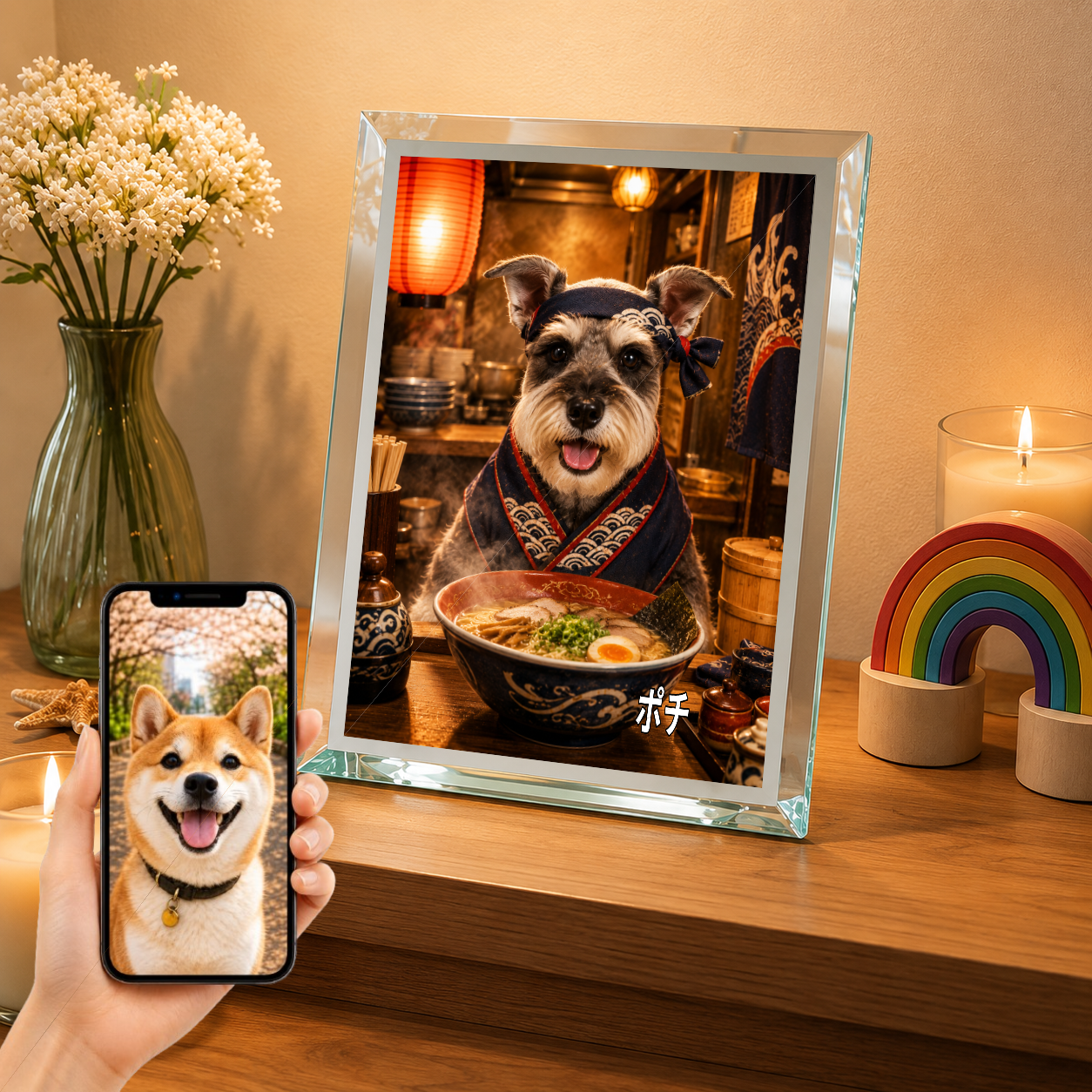 愛犬 写真入り 名入れ ガラスフォトパネル ラーメン職人犬
