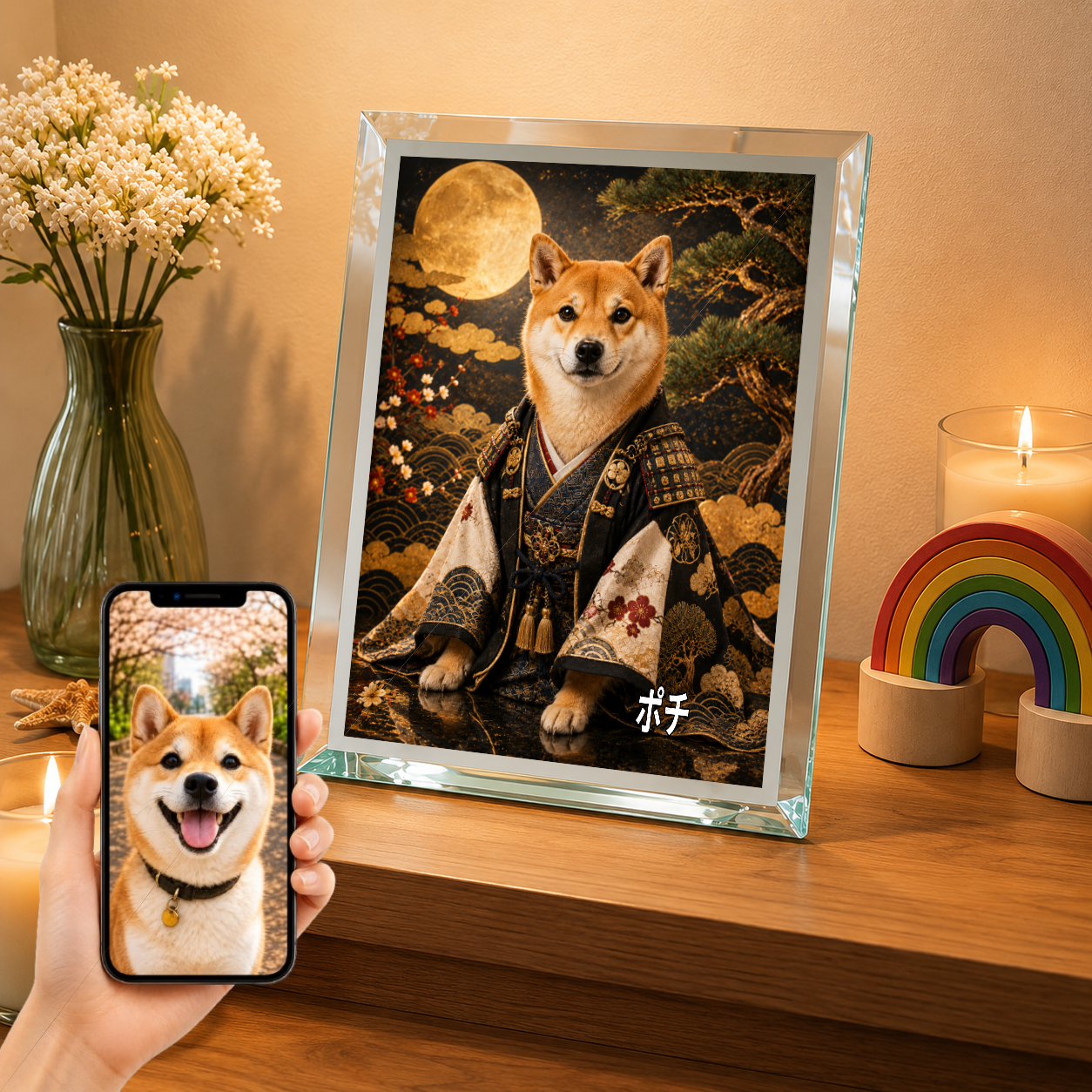 愛犬 写真入り 名入れ ガラスフォトパネル 侍犬 サムライ風アート
