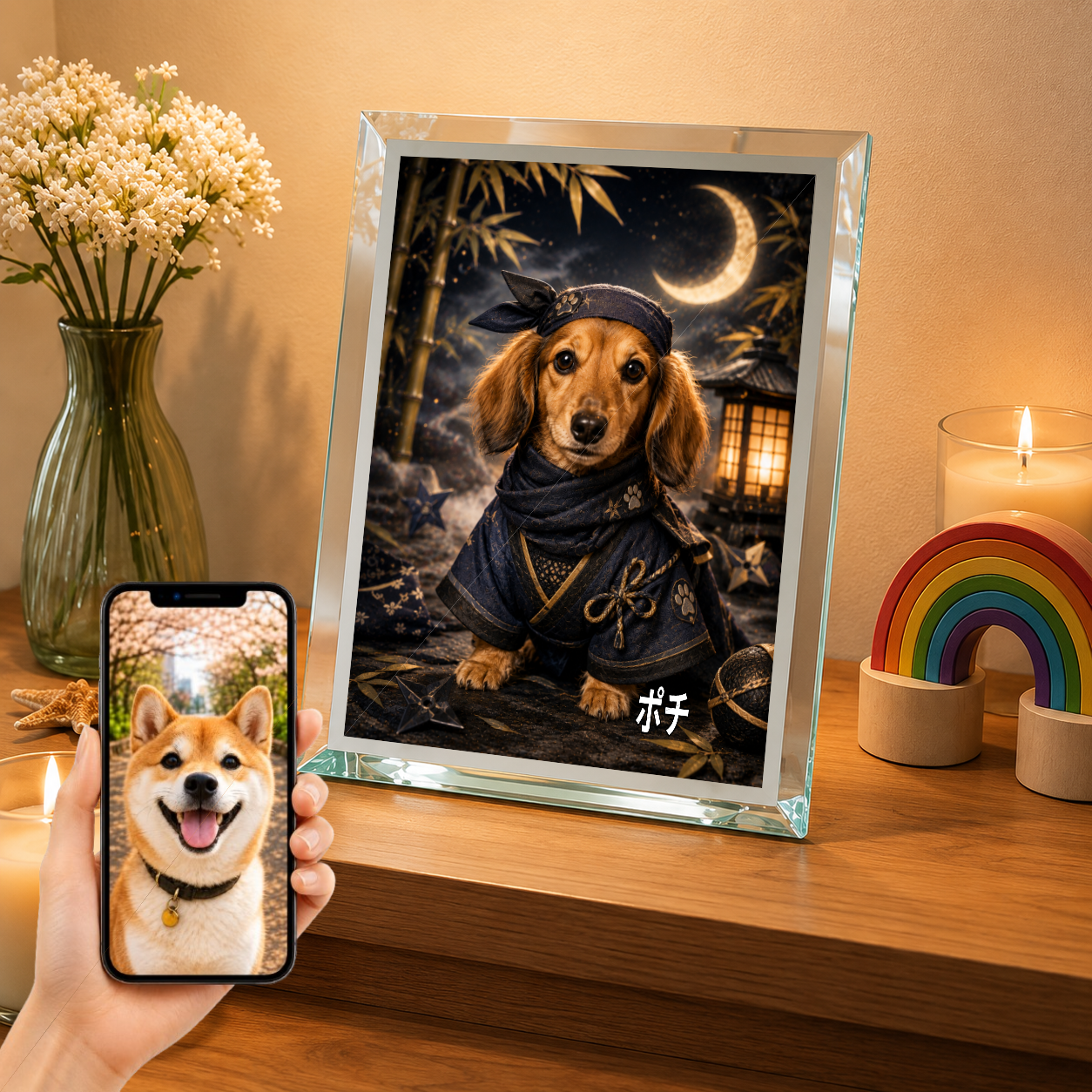 愛犬 写真入り 名入れ ガラスフォトパネル 忍者犬 和風ものがたり