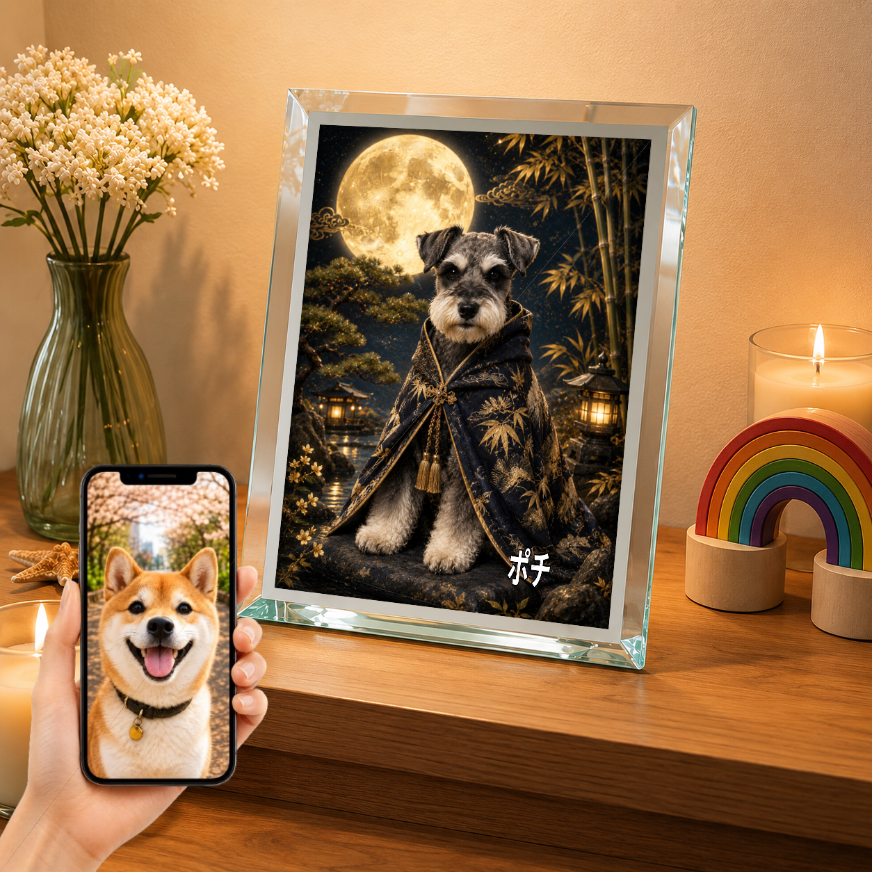 愛犬 写真入り 名入れ ガラスフォトパネル 月夜の守り犬 幻想和風
