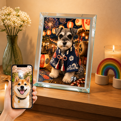 愛犬 写真入り 名入れ ガラスフォトパネル 夏祭り犬 浴衣風アート