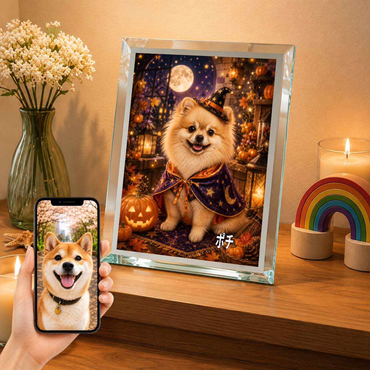 愛犬 写真入り 名入れ ガラスフォトパネル ハロウィン魔法犬