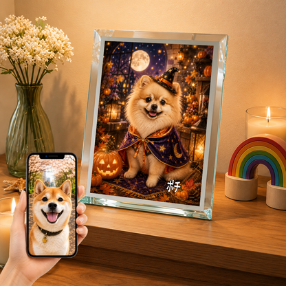 愛犬 写真入り 名入れ ガラスフォトパネル ハロウィン魔法犬