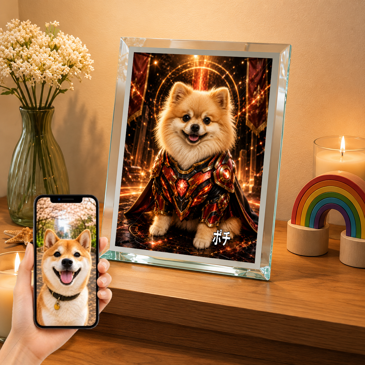 愛犬 写真入り 名入れ ガラスフォトパネル パワードスーツヒーロー犬