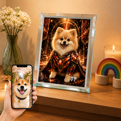 愛犬 写真入り 名入れ ガラスフォトパネル パワードスーツヒーロー犬