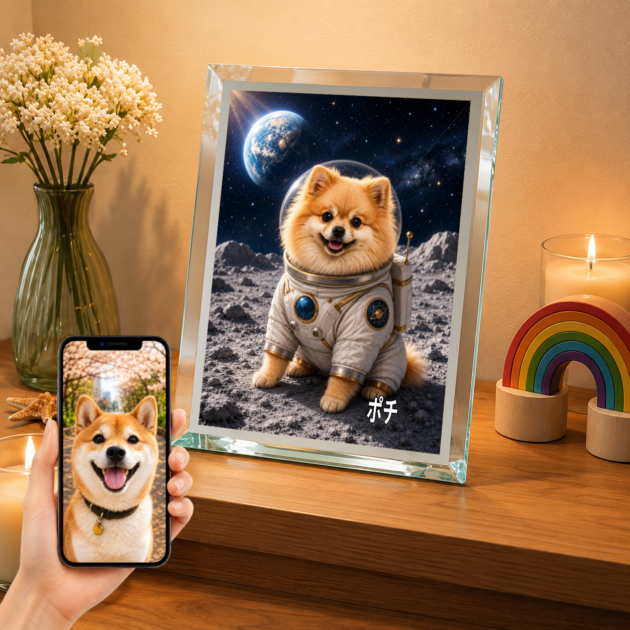 愛犬 写真入り 名入れ ガラスフォトパネル 宇宙飛行士犬 うちの子