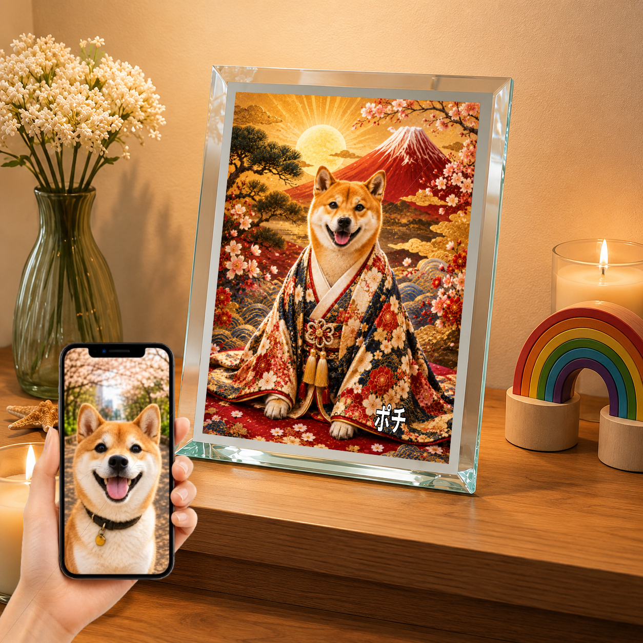 愛犬 写真入り 名入れ ガラスフォトパネル 赤富士 縁起物 うちの子ギフト