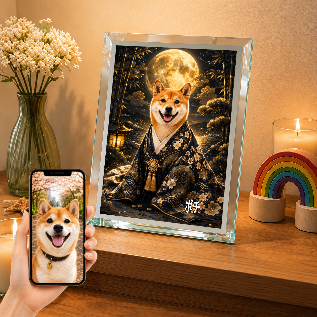 愛犬 写真入り 名入れ ガラスフォトパネル 月夜の守り犬 和風アート