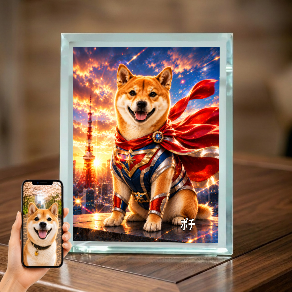 愛犬 写真入り 名入れ ガラスフォトパネル 特撮ヒーロー風 うちの子
