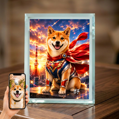 愛犬 写真入り 名入れ ガラスフォトパネル 特撮ヒーロー風 うちの子