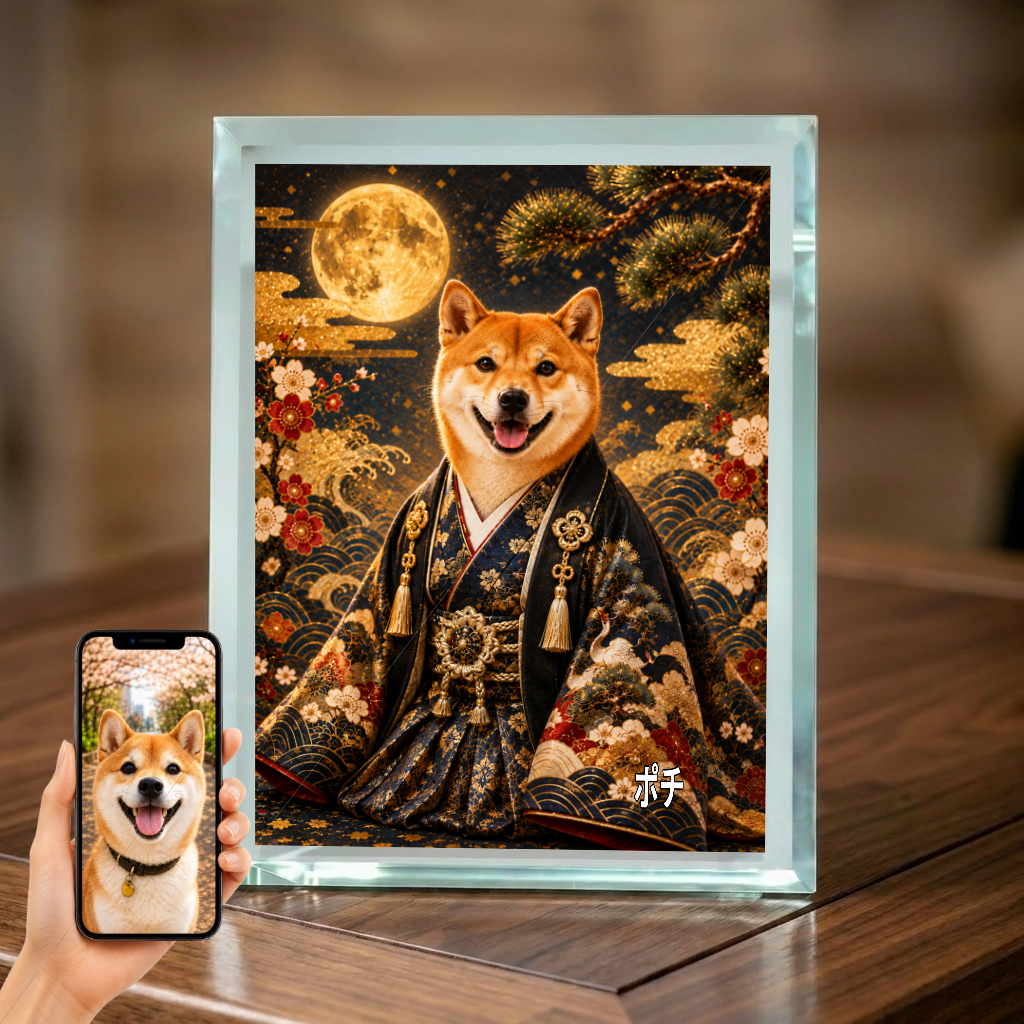 愛犬 写真入り 名入れ ガラスフォトパネル 晴れ着 金屏風 うちの子ギフト
