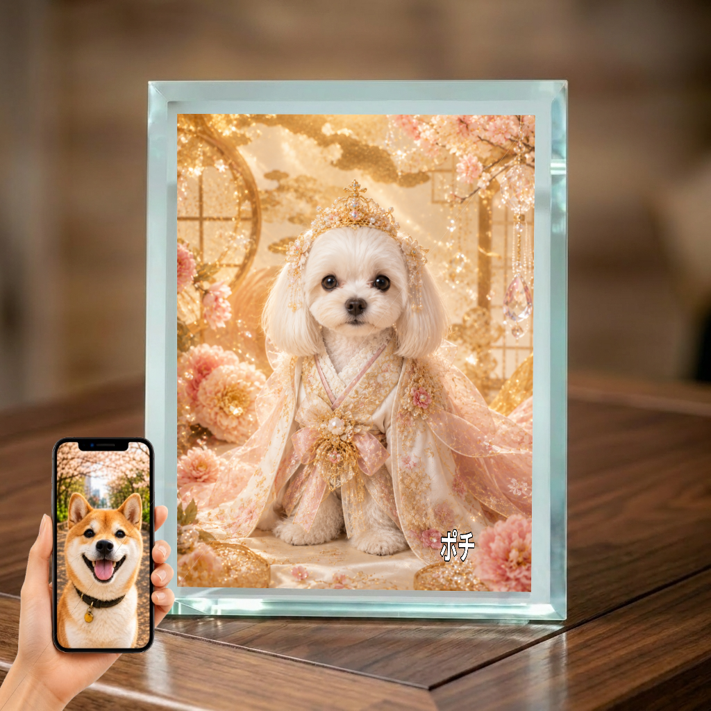 愛犬 写真入り 名入れ ガラスフォトパネル 姫さま犬 プリンセス風