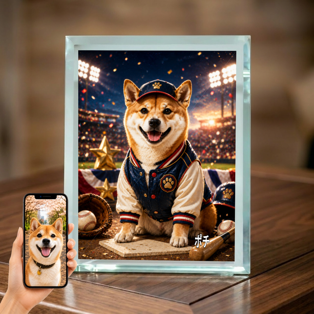 愛犬 写真入り 名入れ ガラスフォトパネル 野球スター犬 スポーツアート