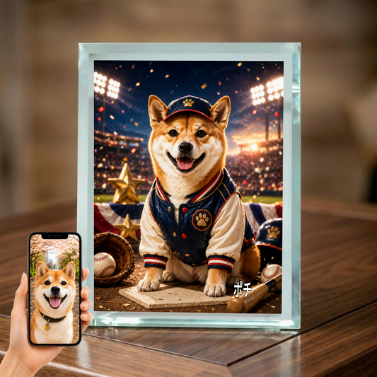 愛犬 写真入り 名入れ ガラスフォトパネル 野球スター犬 スポーツアート