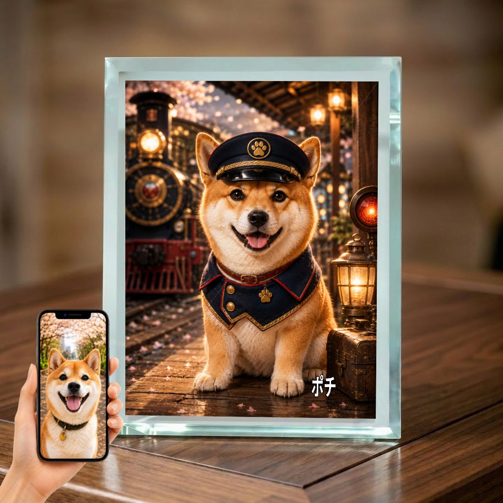 愛犬 写真入り 名入れ ガラスフォトパネル 駅長さん犬 レトロ鉄道