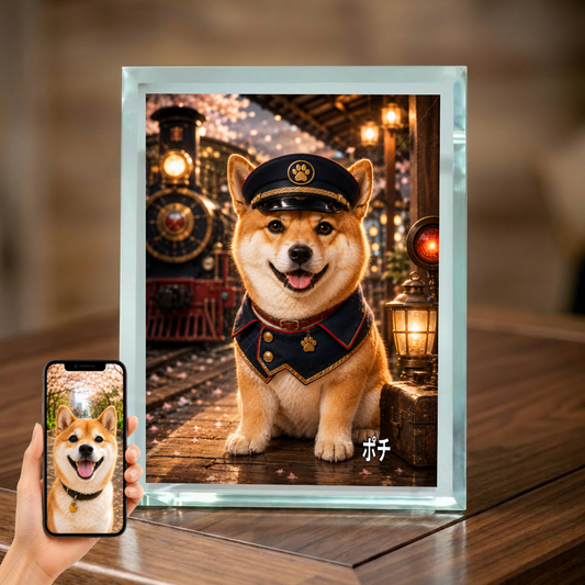 愛犬 写真入り 名入れ ガラスフォトパネル 駅長さん犬 レトロ鉄道