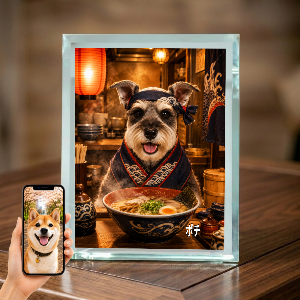 愛犬 写真入り 名入れ ガラスフォトパネル ラーメン職人犬