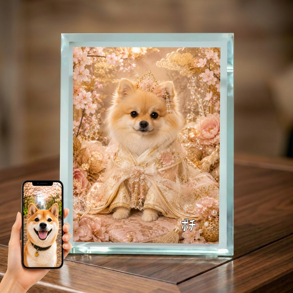 愛犬 写真入り 名入れ ガラスフォトパネル 姫さま犬 和風プリンセス