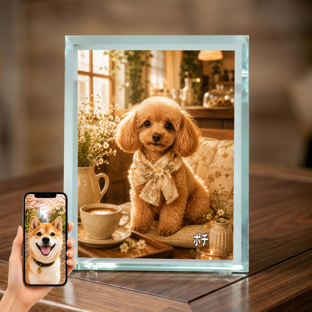 愛犬 写真入り 名入れ ガラスフォトパネル カフェのうちの子