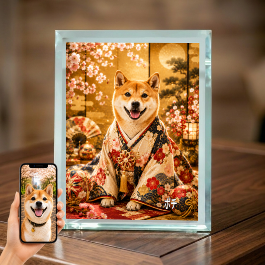 愛犬 写真入り 名入れ ガラスフォトパネル 桜と毬 華やか和装アート