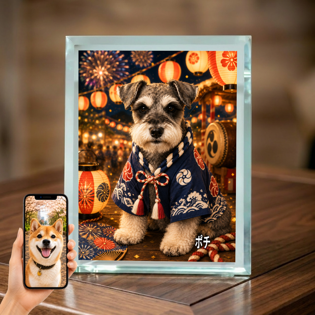 愛犬 写真入り 名入れ ガラスフォトパネル 夏祭り犬 浴衣風アート