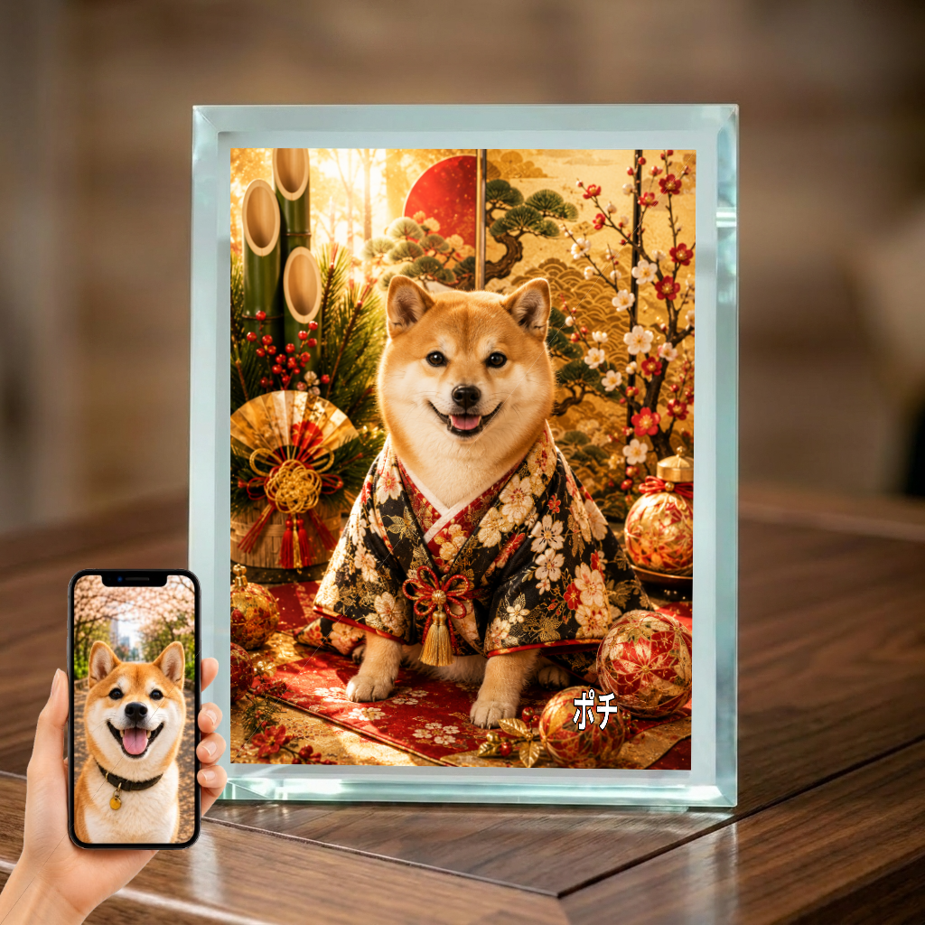 愛犬 写真入り 名入れ ガラスフォトパネル 正月晴れ着犬